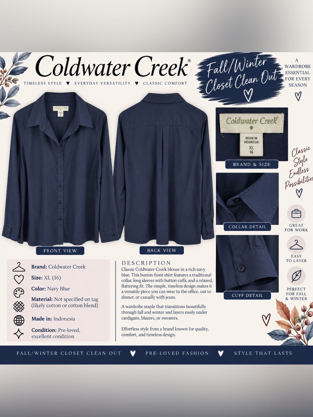 Coldwater Creek Men's Navy Button-Up Dress Shirt